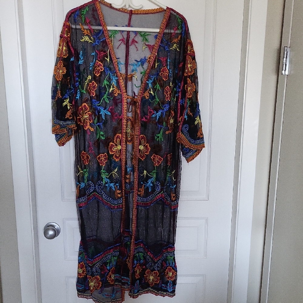 Colorful Embroidered Sheer Kimono